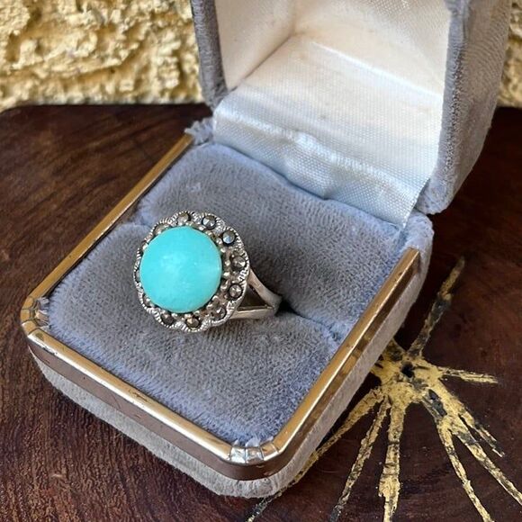 925 Sterling Silver Southwest Ring Marcasite and faux turquoise - Picture 2 of 6